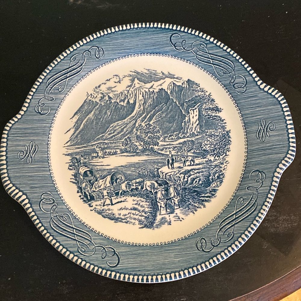 Currier & Ives China The Rocky Mountains Handled Serving Platter Cake Dish